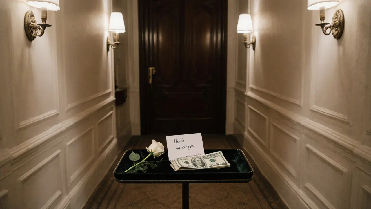 A folded bill and white rose rest on a velvet tray in a hotel hallway, symbolizing a respectful end to an arrangement.