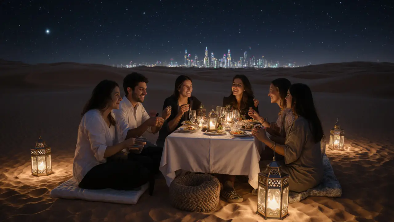 A group enjoying a desert dinner under the stars, sharing conversation and connection.