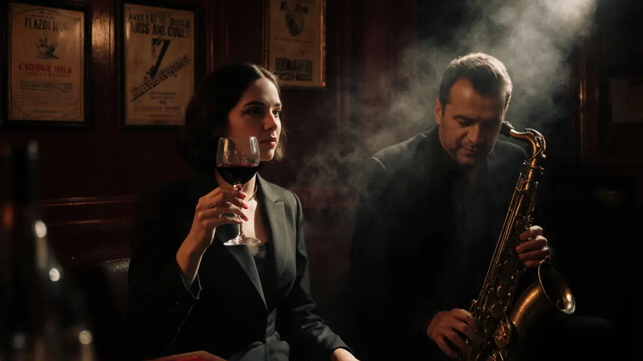 A man and woman in a dim jazz bar, sharing a quiet moment over wine.