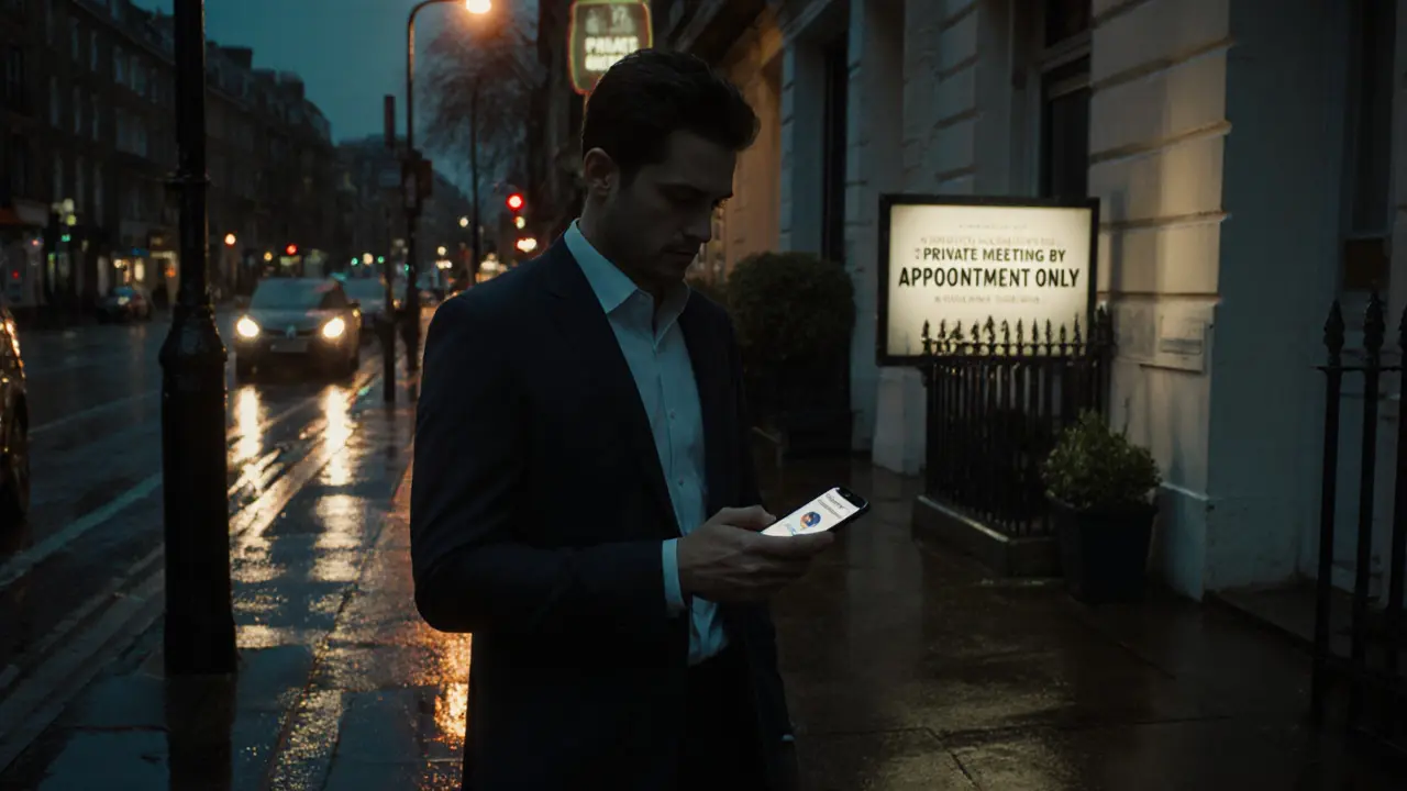 A man hesitates outside a residential building in London at night, holding a phone with a verified escort app, rain reflecting neon lights.