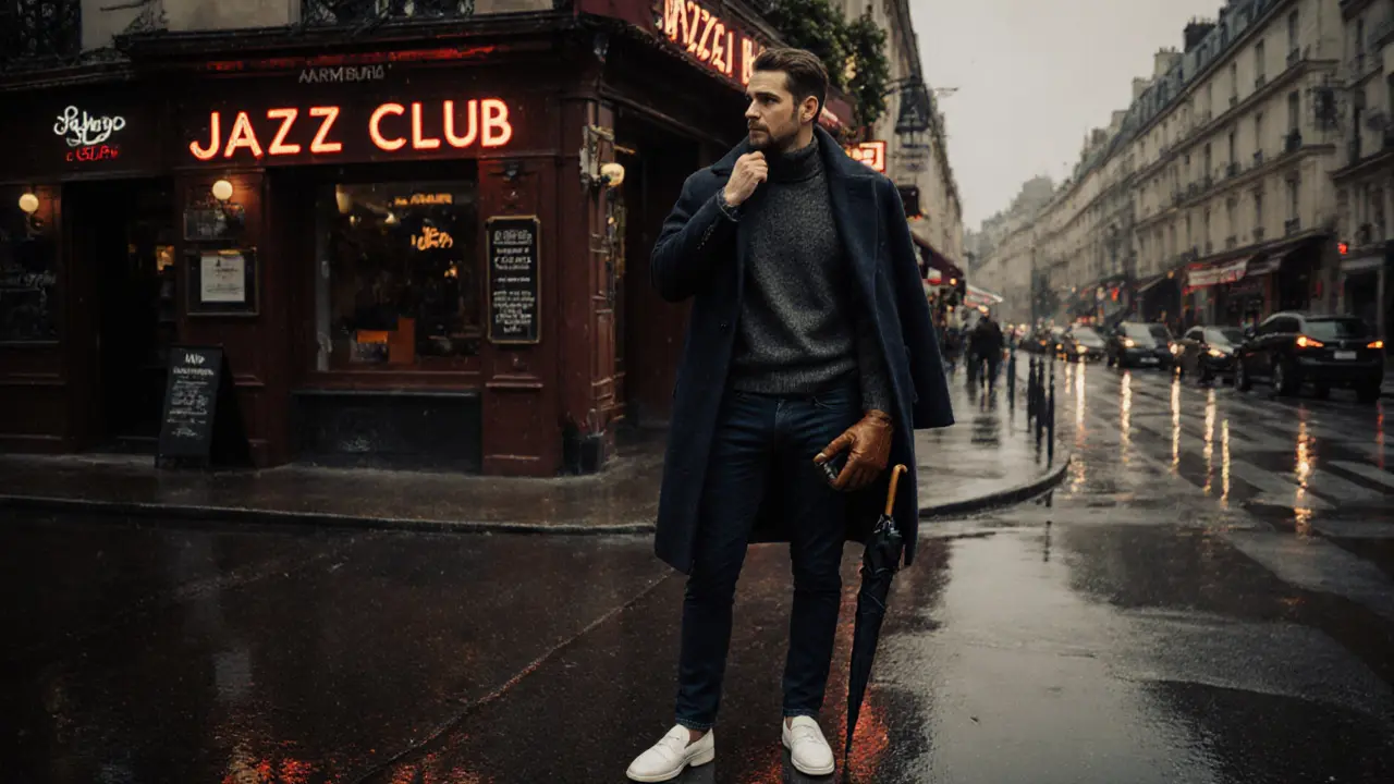 A man in dark jeans and wool coat standing outside a jazz club, holding an umbrella and glove.