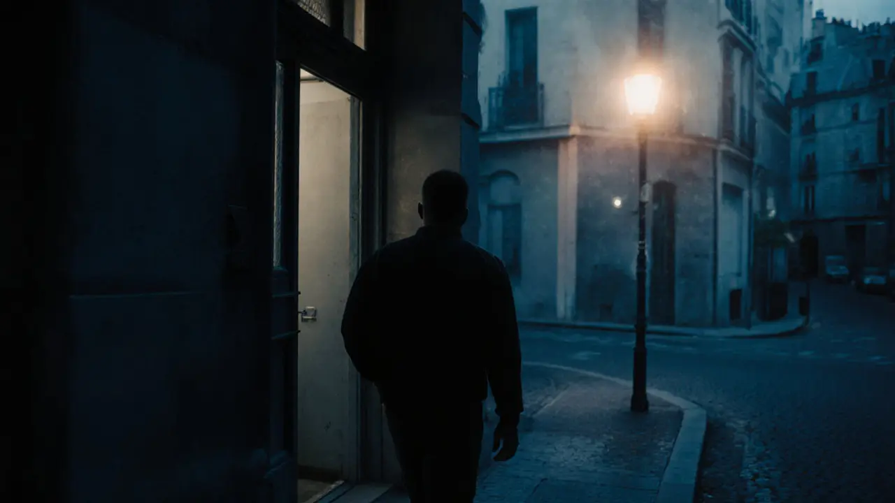 A man walks away from a Paris apartment, visibly transformed by a silent, meaningful encounter.