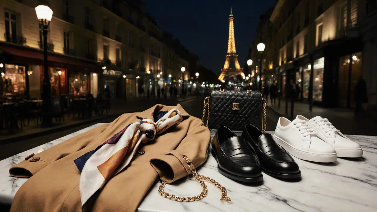 A minimalist arrangement of Parisian night-out essentials: trench, scarf, loafers, sneakers, and gold chain.