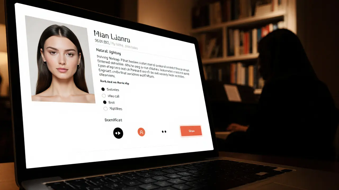 A minimalist escort profile on a laptop with natural lighting and a verified video call icon in a cozy apartment.