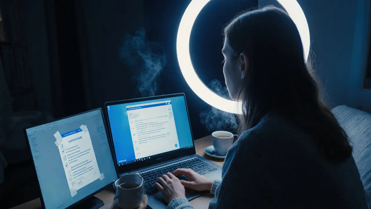 A modern escort recording a video message with safety notes visible.