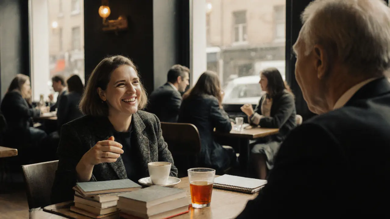 A non-binary escort and an older client share tea in a quiet London café, engaged in calm conversation, natural light and books visible.