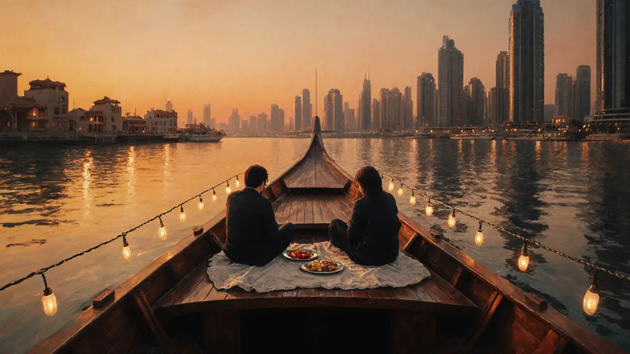 A private dhow cruise at sunset along Dubai Marina with two people sharing a calm, intimate moment on deck.