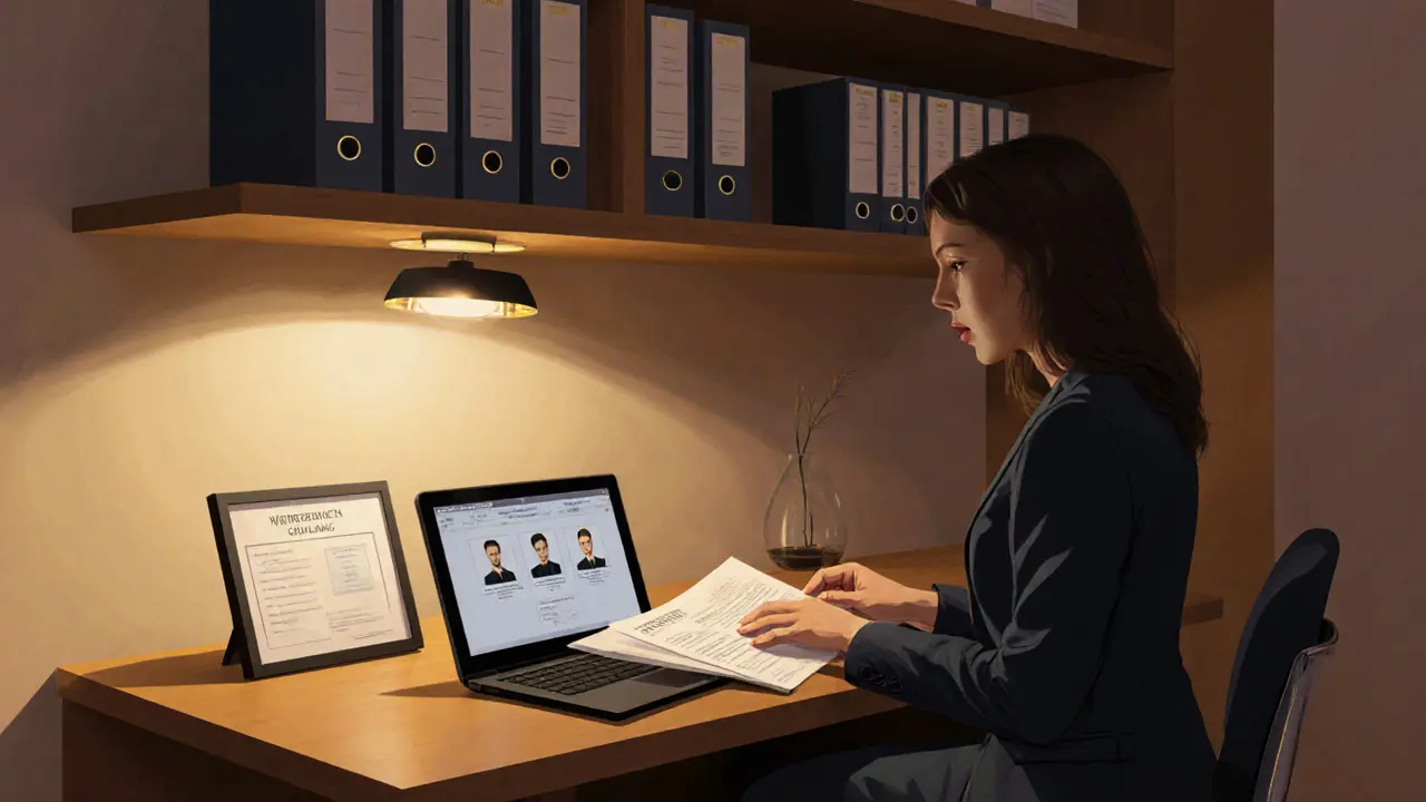 A professional agency office in Abu Dhabi with client profiles displayed on a laptop and compliance documents on a desk.