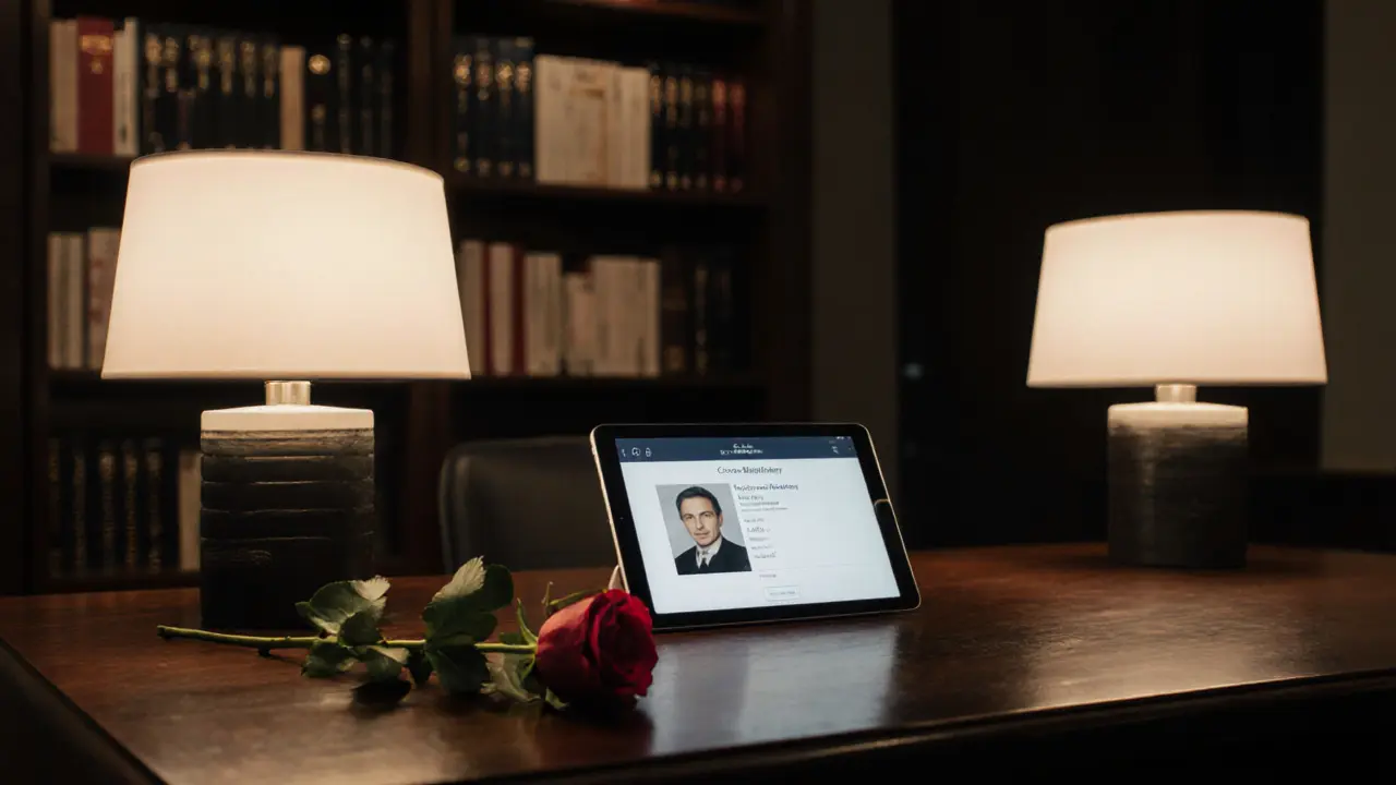 A professional agency office with art books and a single rose, symbolizing discretion and personalized companionship.