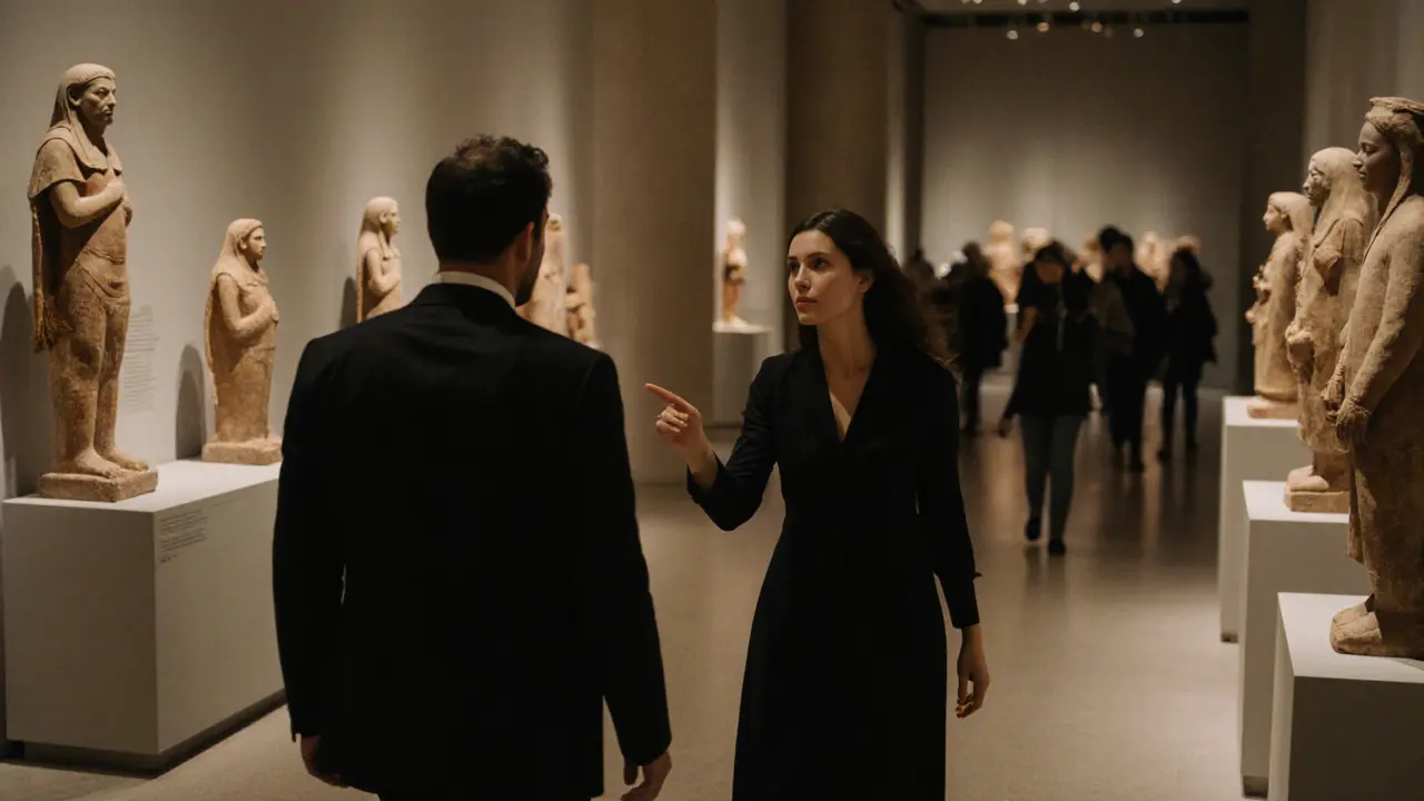 A professional companion and client exploring the Dubai Museum together, admiring cultural exhibits in peaceful daylight.