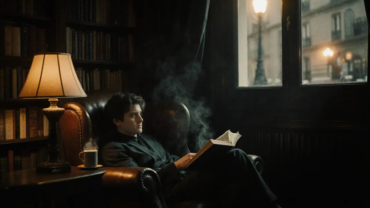 A quiet reader in a bookshop-bar, illuminated by lamplight among shelves of French novels.