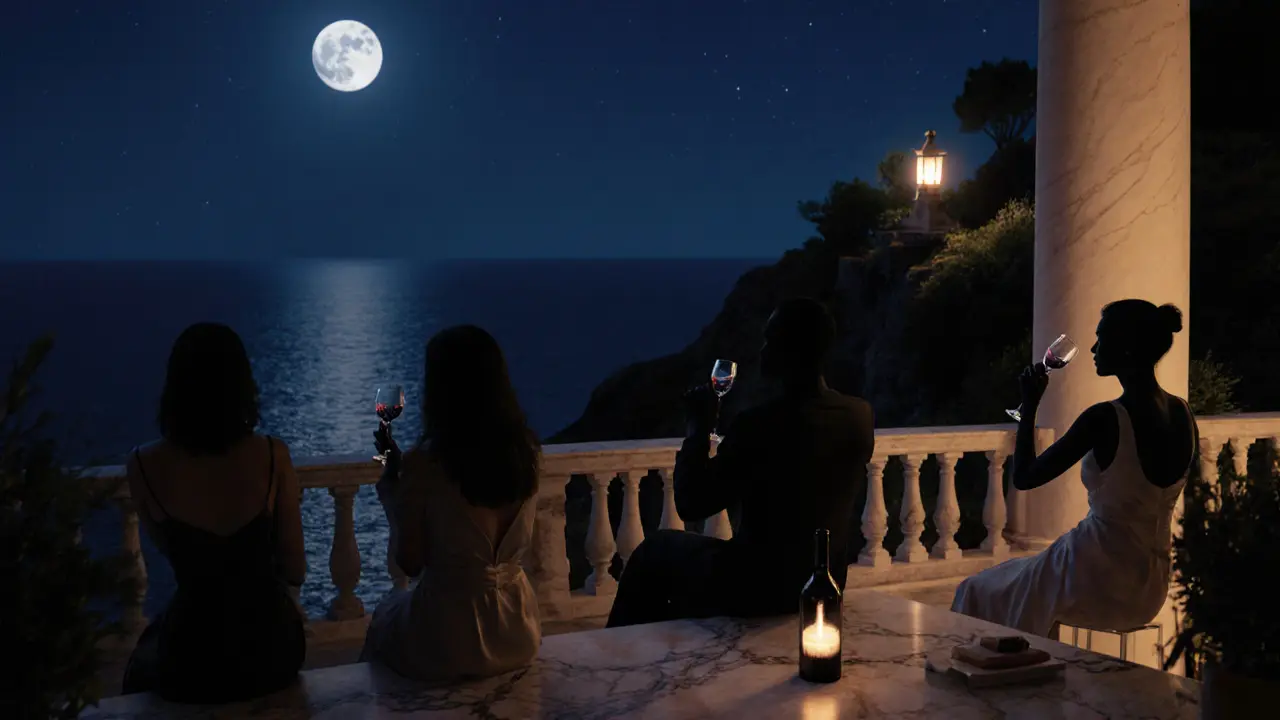 A secluded villa after-party at night, silhouettes enjoying quiet moments on a terrace with ocean views and moonlight.