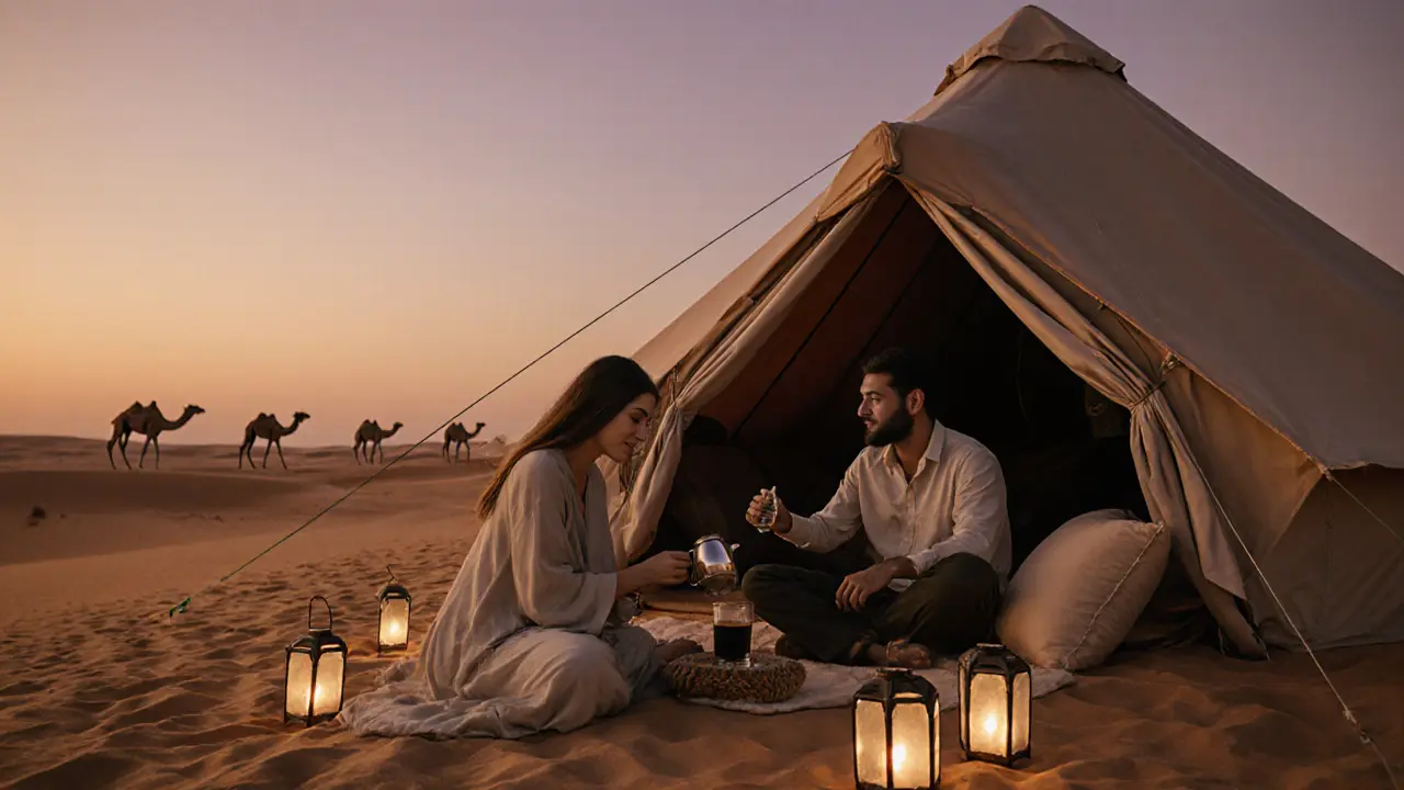 A serene desert camp at sunset with a woman pouring Arabic coffee for a guest under starlit skies.