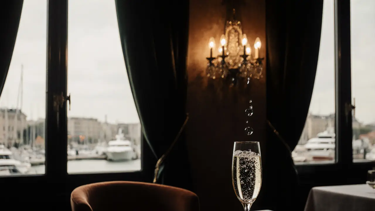 A single champagne glass reflecting yachts and chandelier light in Monaco&#039;s quiet luxury bar.