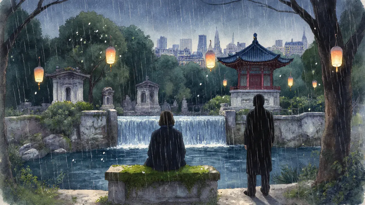 A solitary figure sits on a bench in Parc des Buttes-Chaumont at night, lanterns float in the air, rain glistens on stone as Paris glows faintly in the distance.