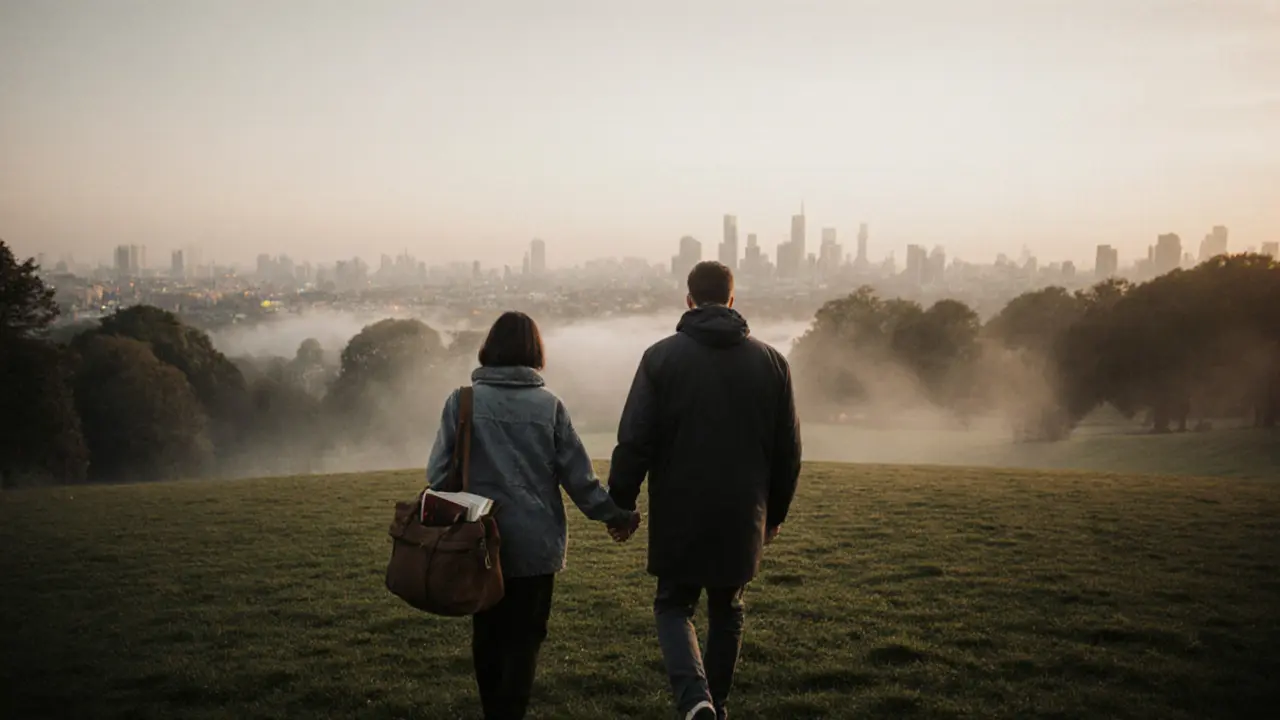A traveler and companion walking peacefully through Hampstead Heath at dawn, surrounded by mist and nature.