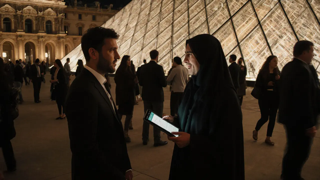 A visitor chatting with a cultural guide at Louvre Abu Dhabi during a night event.