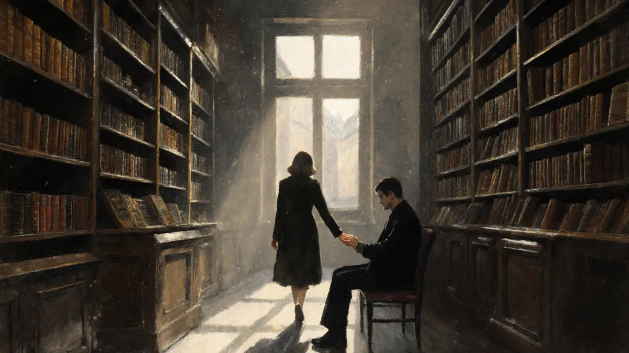 A woman gently touches a man&#039;s arm in a quiet Paris bookshop, no words needed.