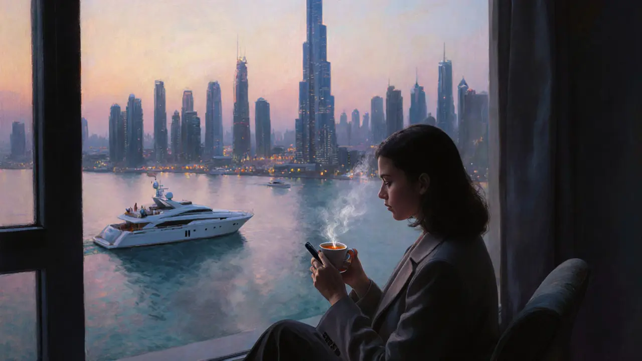A woman sits alone on a Dubai balcony at dusk, gazing at her phone as the city lights shimmer below.