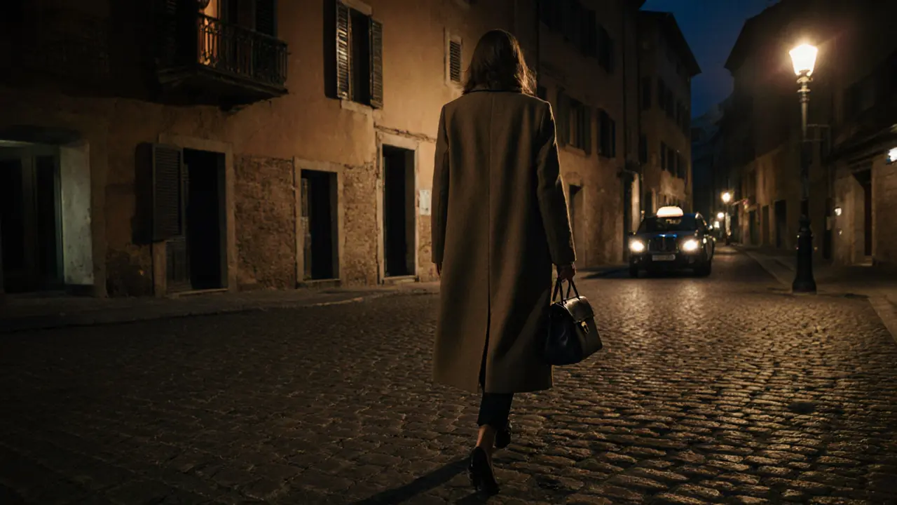 A woman walks alone at night through Milan&#039;s Navigli district, exuding quiet confidence and safety.