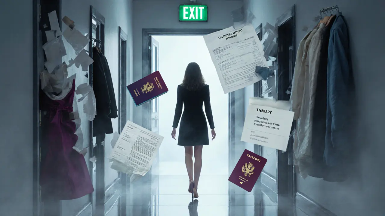 A woman walks through a mirrored hallway where fragments of her professional life dissolve into mist.