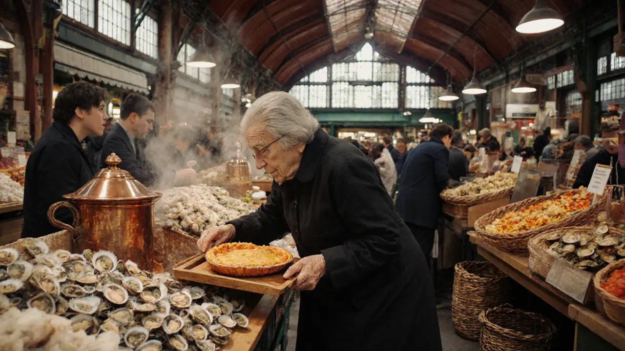 An elderly woman serving tarte tatin at the historic Marché des Enfants Rouges market in Paris.