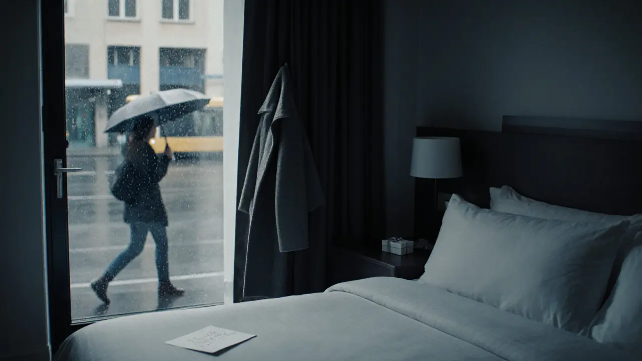An empty hotel room is spotless the next morning, with a note and gift box left on the nightstand.