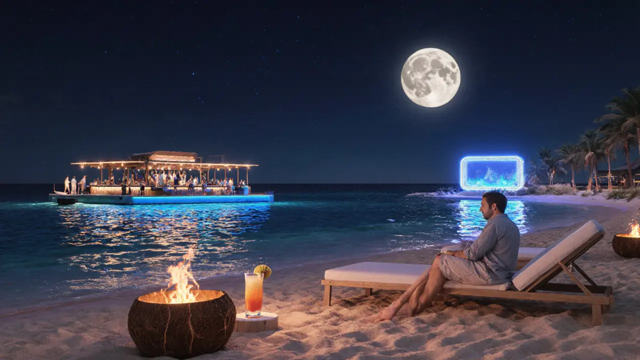 Beachside lounge at night with fire pits, floating bar, and moonlight reflecting on the water.