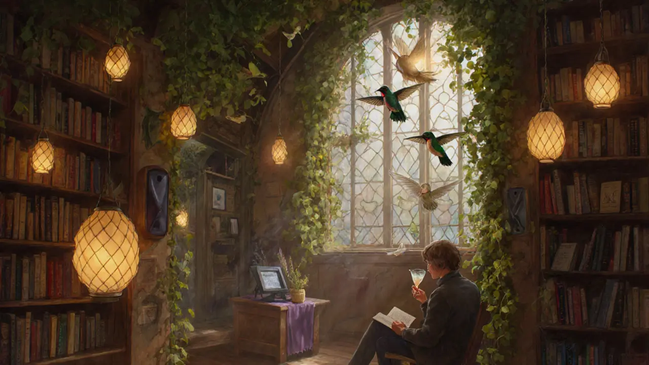 Bookstore bar with ivy-covered walls and glowing paper birds, a quiet reader sipping a cocktail.