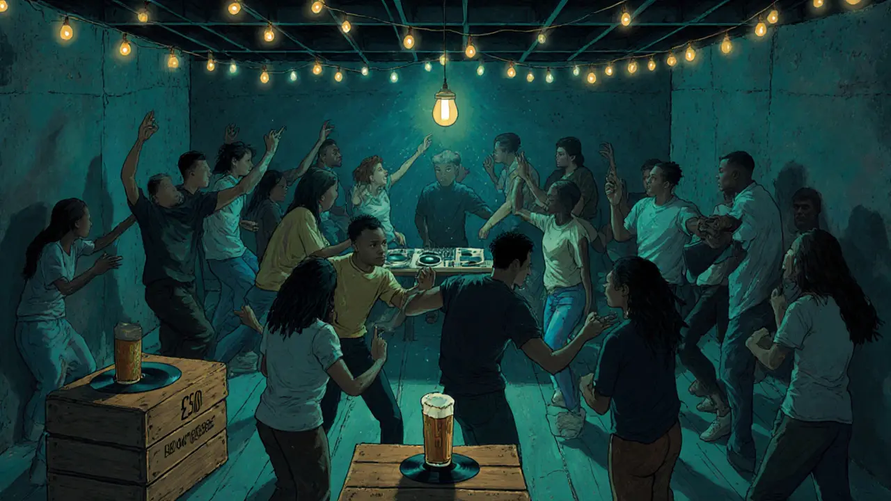 Crowd dancing in a basement venue in Peckham with no cover charge and vinyl records spinning.