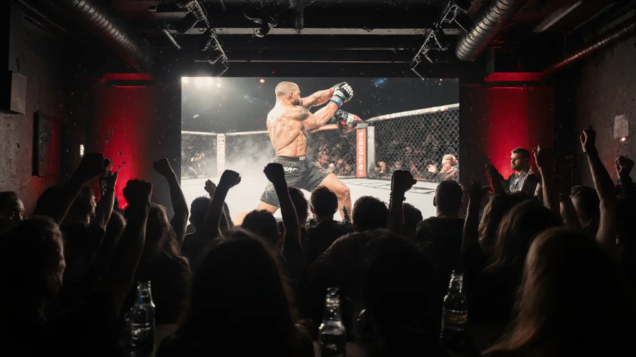 Crowd frozen in silence during a UFC knockout, illuminated by a massive screen in a darkened sports bar.
