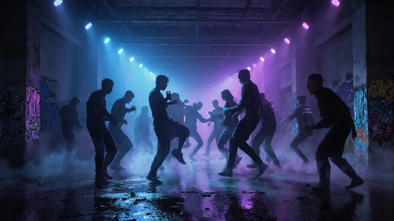 Dark warehouse club with silhouetted dancers under pulsing neon lights and industrial ambiance.