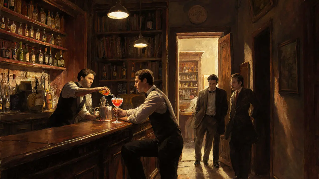 Dimly lit Bar Basso in Brera, bartender serving a Negroni Sbagliato with antique bottles in the background.