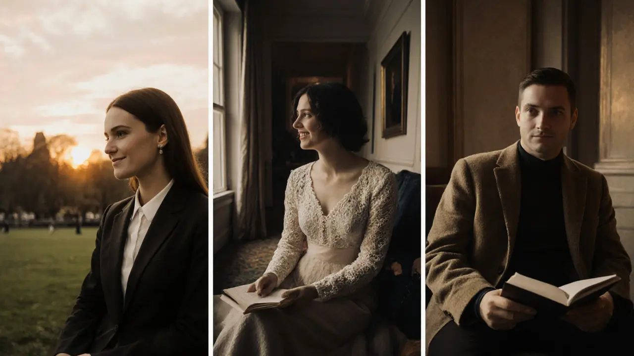 Diverse individuals in London being quietly accompanied by escorts in peaceful moments.