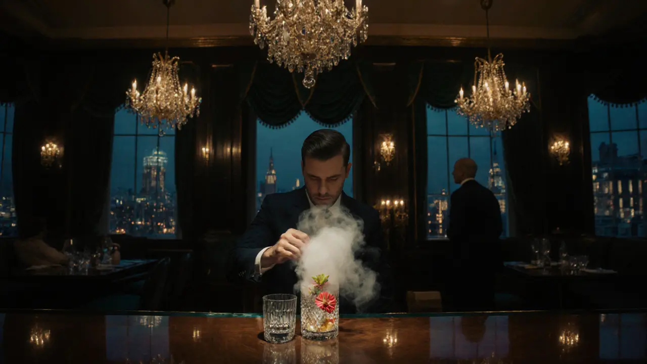 Elegant bar with a bartender crafting a smoky cocktail under crystal chandeliers.