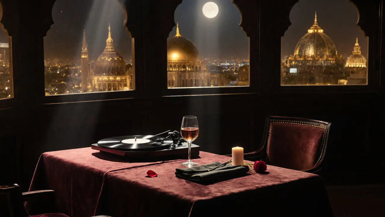 Empty luxury lounge with vintage vinyl and fine wine glass