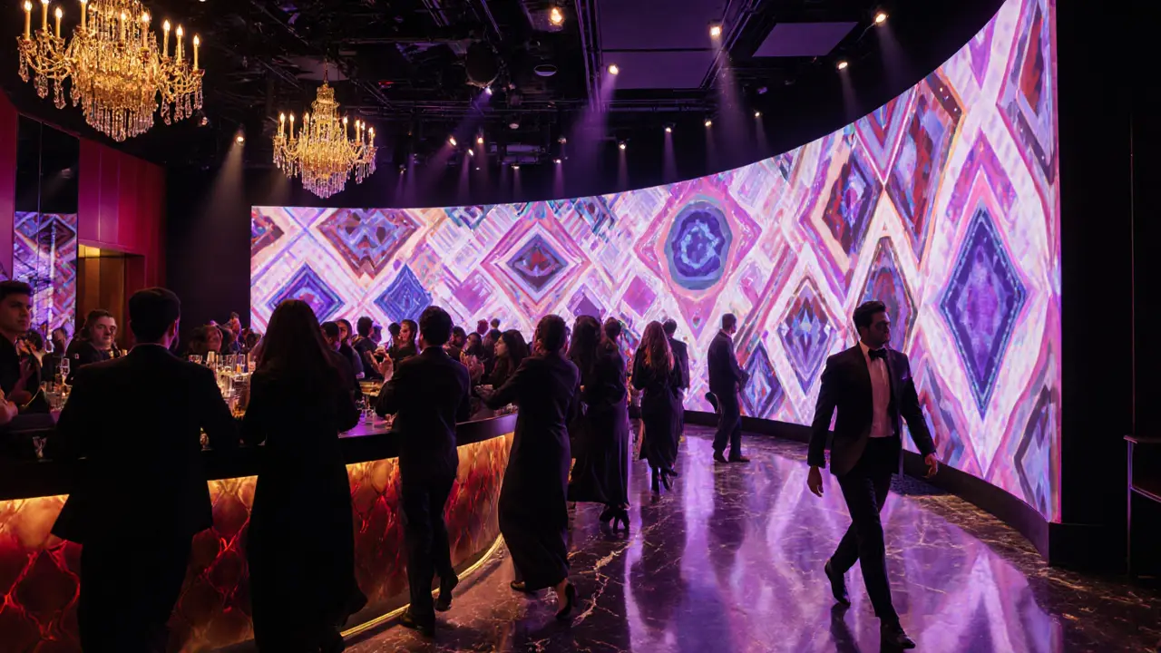 Exclusive nightclub with LED walls and upscale crowd, dramatic lighting and golden accents in downtown Abu Dhabi.