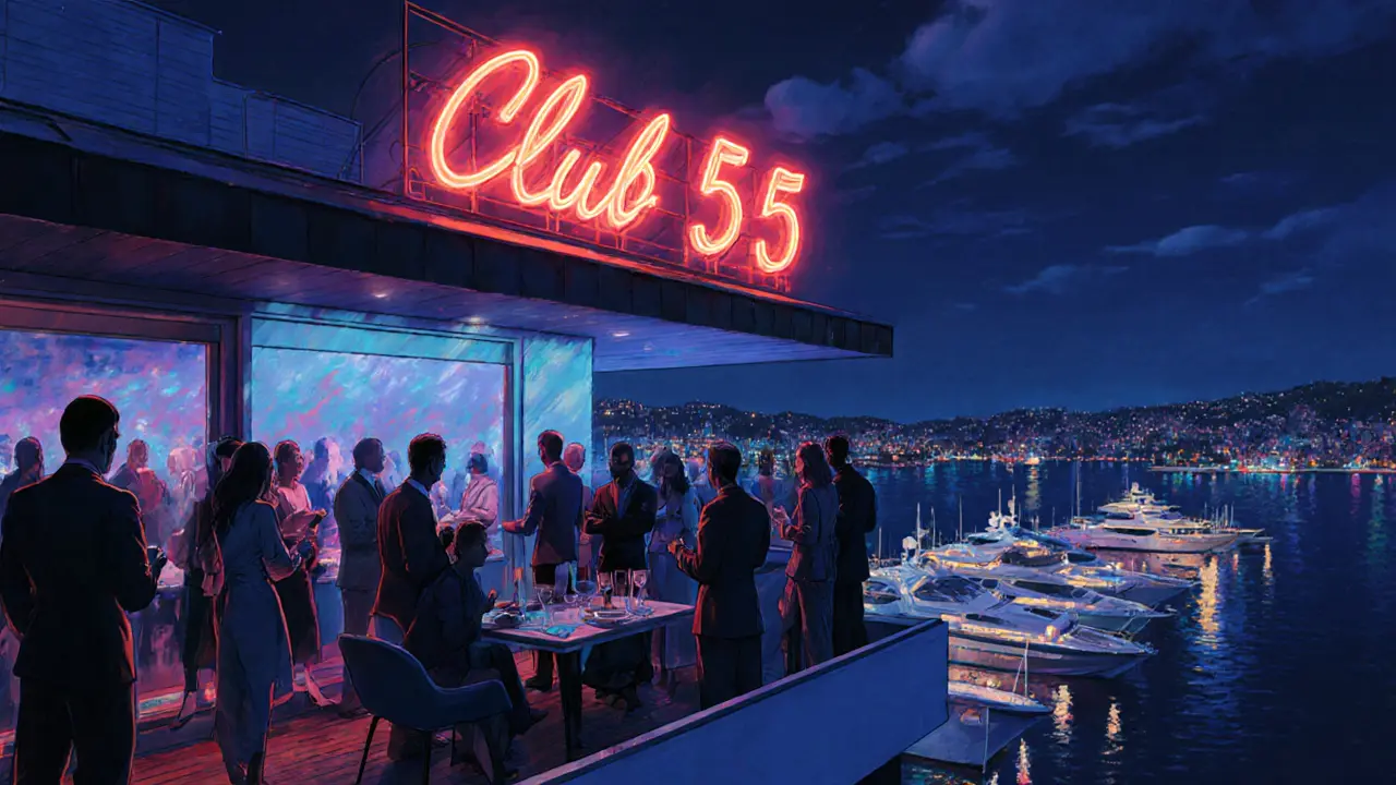 Exclusive rooftop club Club 55 with neon sign glowing above Port Hercules, stylish crowd mingling.