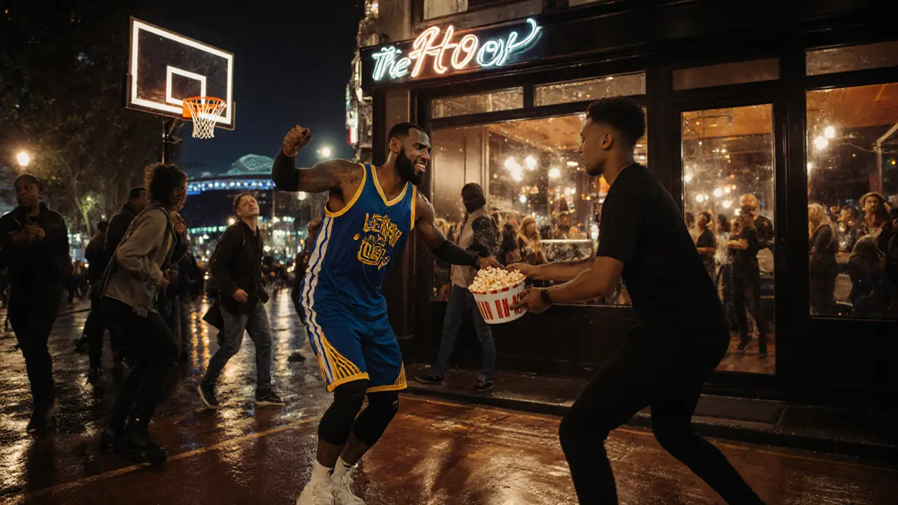 Fans dancing outside a basketball-themed bar with neon lights and a mini court after an NBA game.