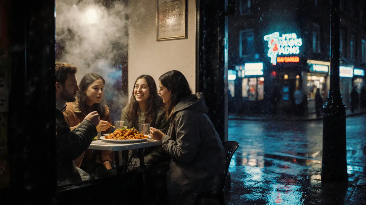 Friends enjoying affordable curry on Brick Lane under rainy streetlights at night.