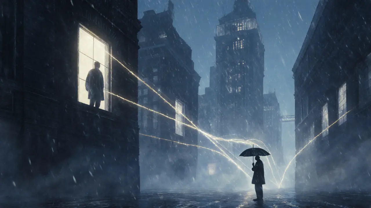 Glowing threads connect lonely figures across London, symbolizing human connection as a bridge.