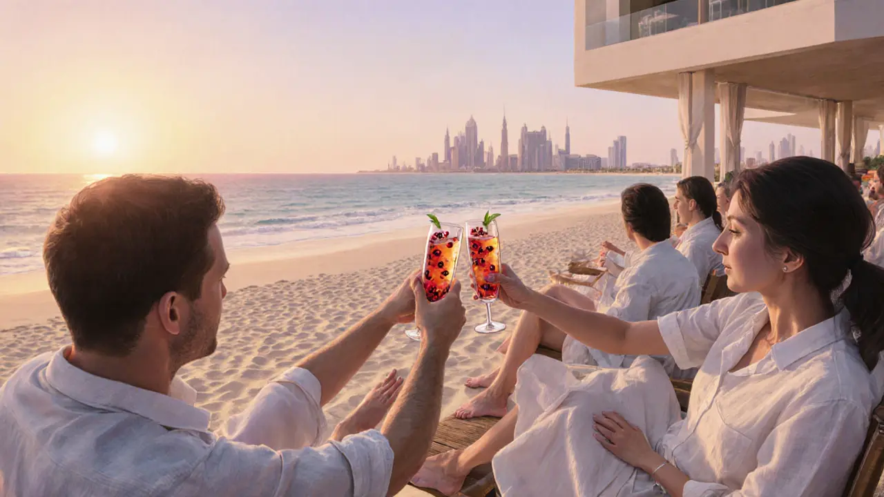 Guests relaxing on a beach terrace at sunset, drinking colorful mocktails with the Emirates Palace in the background.
