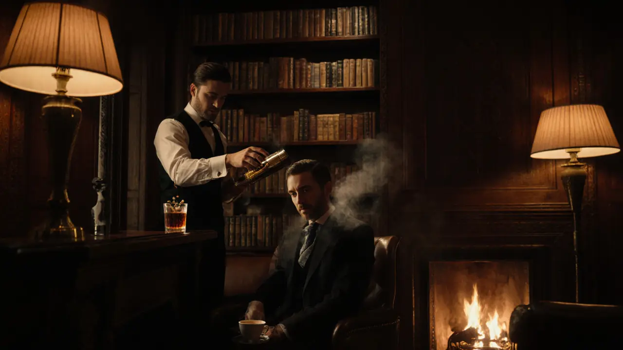 Hidden bar behind bookshelf with mixologist crafting a cocktail, warm firelight and leather chairs in quiet elegance.