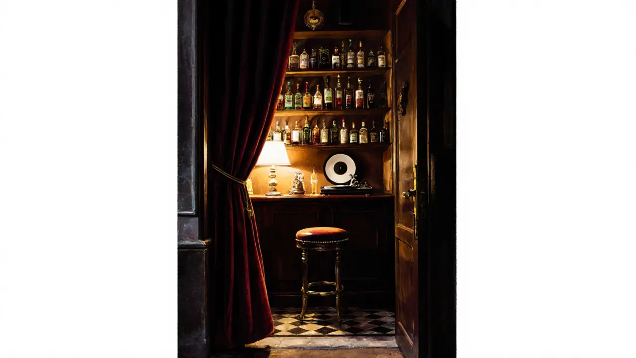 Hidden speakeasy in Brera with velvet curtains, vintage bottles, and a jazz record spinning.