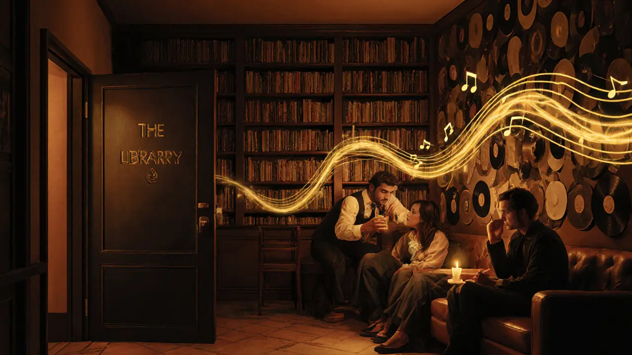 Hidden speakeasy with bookshelves, soft lighting, and patrons enjoying cocktails in secret.