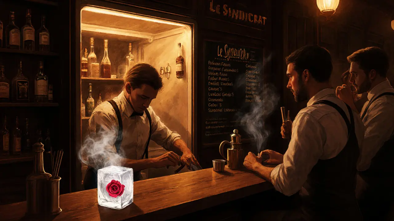 Hidden speakeasy with vintage bartenders mixing drinks under dim amber lighting.