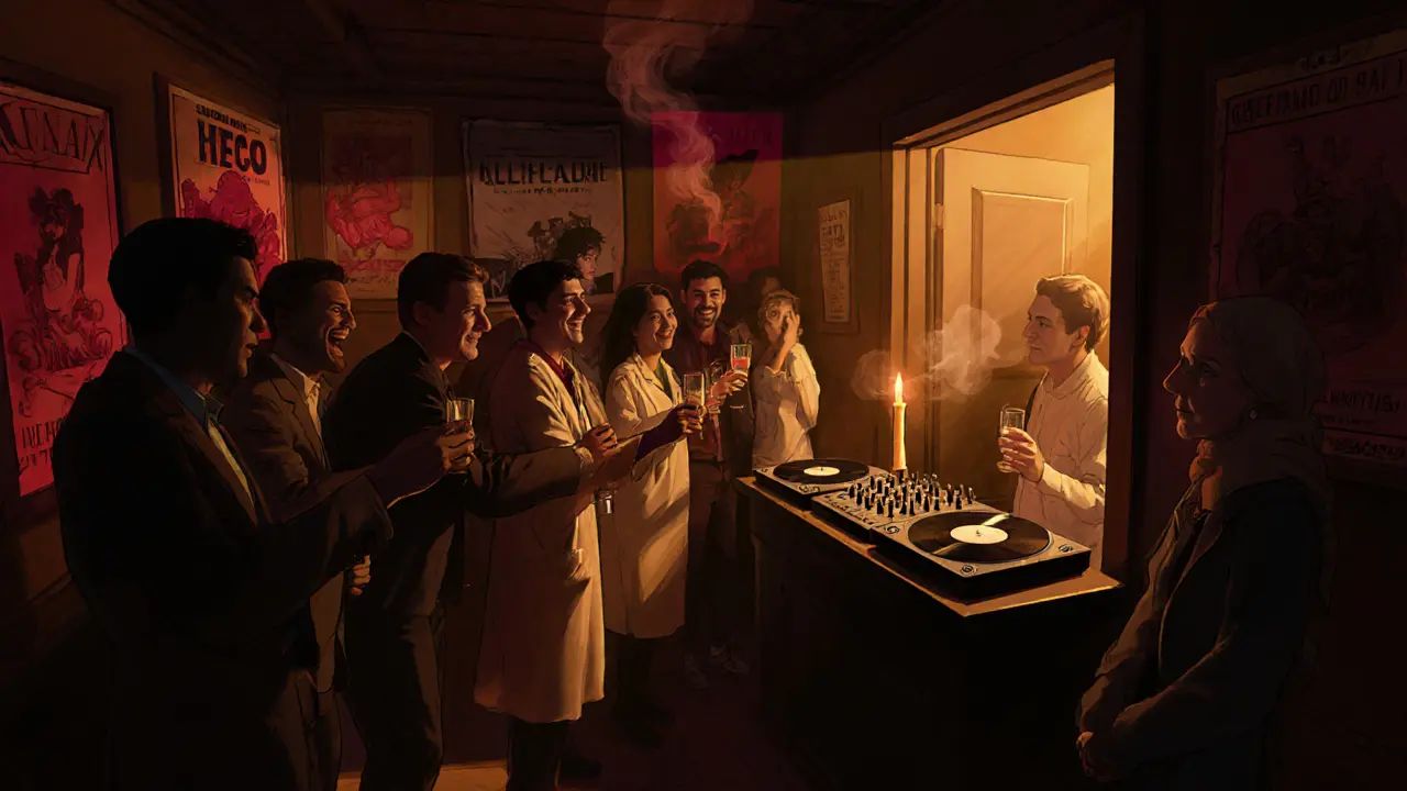 Hidden underground lounge in Al Maryah Island with diverse crowd enjoying drinks in warm, intimate dim lighting.