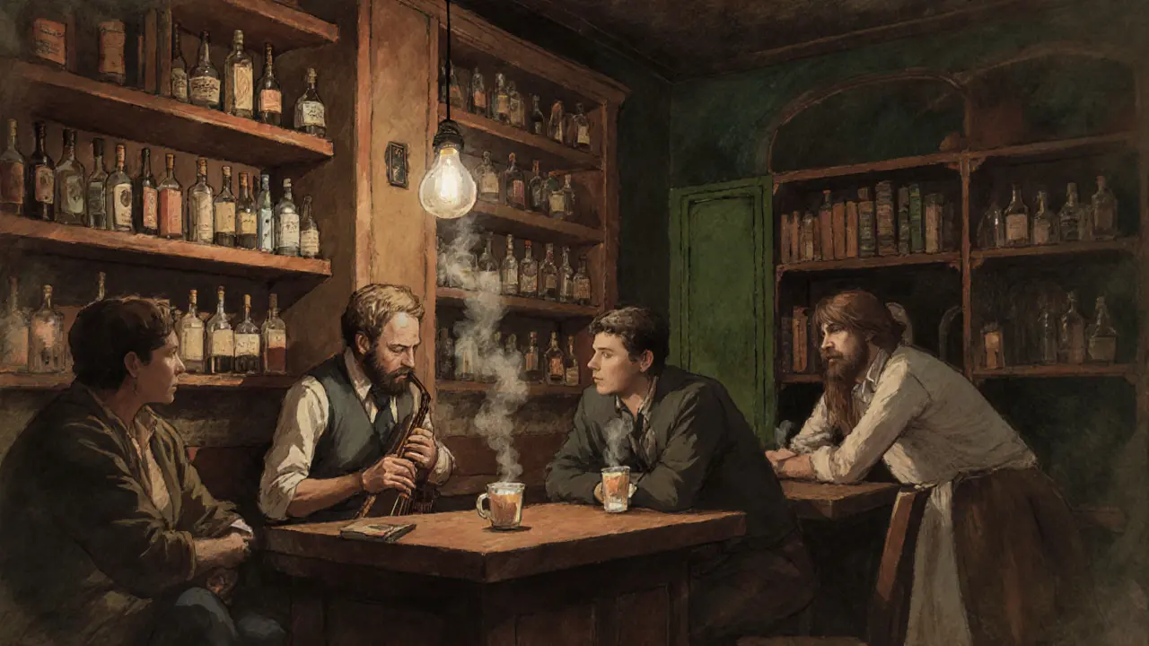 Intimate underground bar in Kadıköy with a musician playing traditional strings and patrons in soft light.