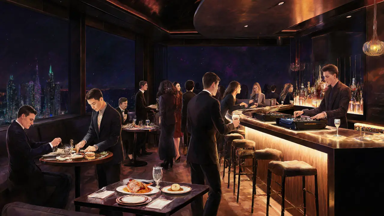 Modern restaurant transforming into an evening hotspot with dim lighting and guests dancing near a DJ.