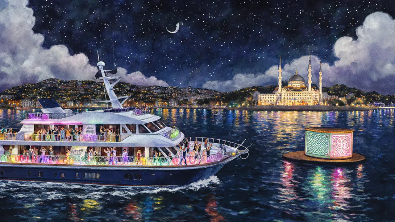 Night cruise on the Bosphorus with guests dancing on deck under starlit skies.